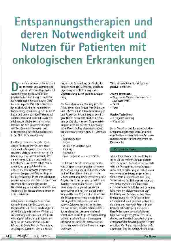 Vorschauseite 1: Entspannungstherapien und deren Notwendigkeit und Nutzen für Patienten mitonkologischen Erkrankungen