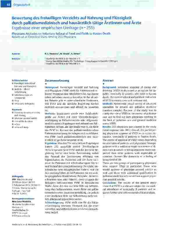 Vorschauseite 1: Bewertung des freiwilligen Verzichts auf Nahrung und Flüssigkeit durch palliativmedizinisch und hausärztlich tätige Ärztinnen und Ärzte Ergebnisse einer empirischen Umfrage (n = 2…