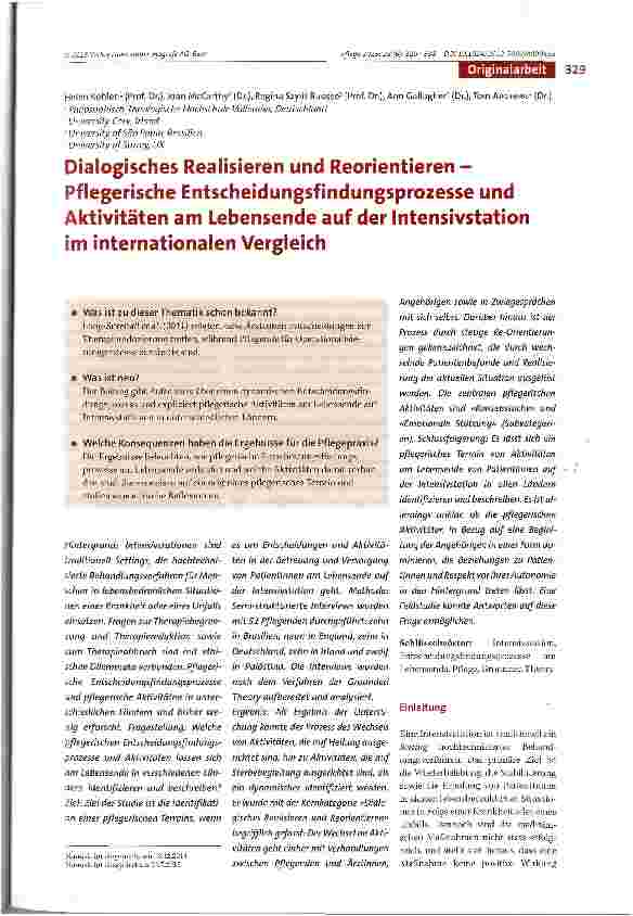 Vorschauseite 1: Dialogisches Realisieren und Reorientieren -Pflegerische Entscheidungsfindungsprozesse und Aktivitäten am Lebensende auf der Intensivstation im internationalen Vergleich