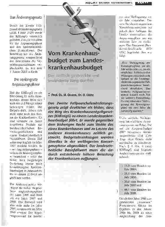 Vorschauseite 1: Krankenhausbudget zum LandeskrankenhausbudgetDer zeitlich gestreckte und veränderte Weg dorthin