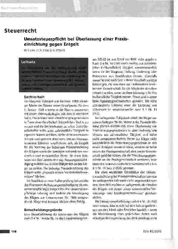 Vorschauseite 1: Umsatzsteuerpflicht bei Überlassung einer Praxiseinrichtung gegen Entgelt