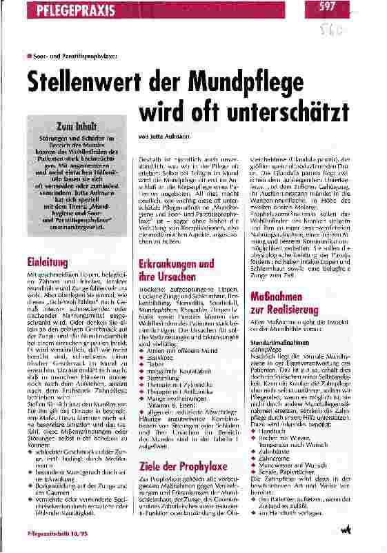 Vorschauseite 1: Stellenwert der Mundpflege wird oft unterschätzt Soorund Parotitisprophylaxe