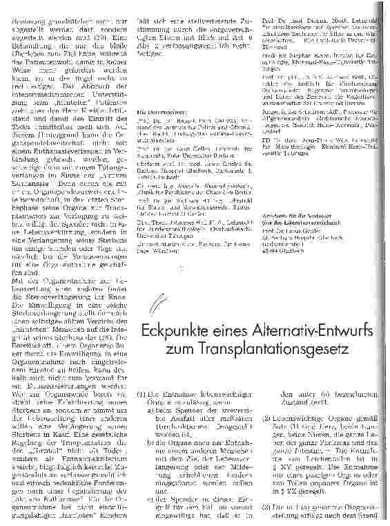 Vorschauseite 4: Wissenschaftler für ein verfassungsgemäßes Transplantationsgesetz Gegen die Gleichsetzung hirntoter Patienten mit Leichen