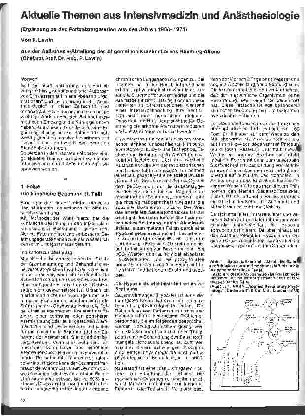 Vorschauseite 1: Aktuelle Themen aus Intensivmedizin und Anästhesiologie Ergänzung zu den Fortsetzungsserlen aus den Jahren 1968 - 1971