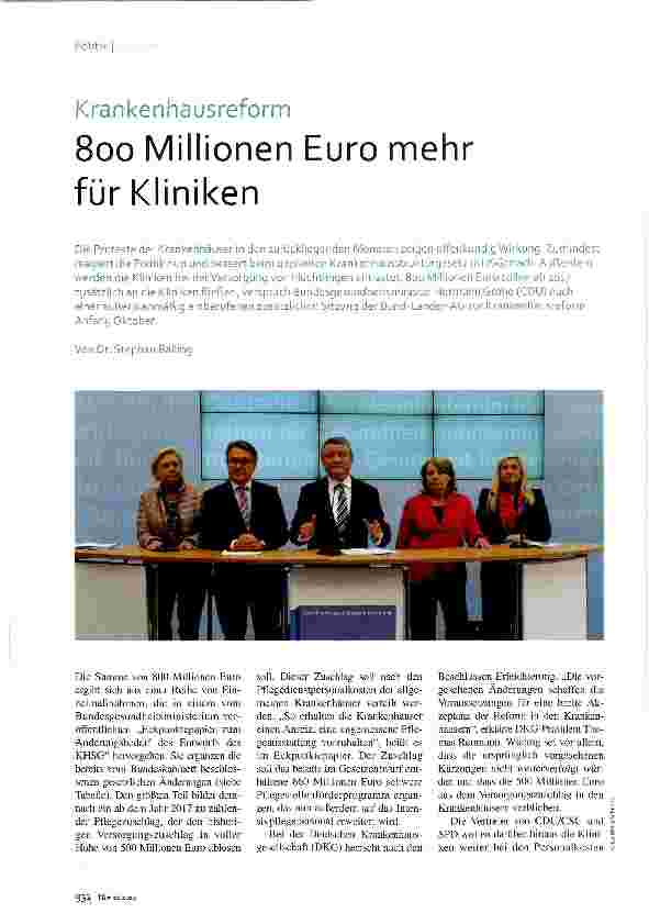 Vorschauseite 1: 800 Millionen Euro mehr für Kliniken