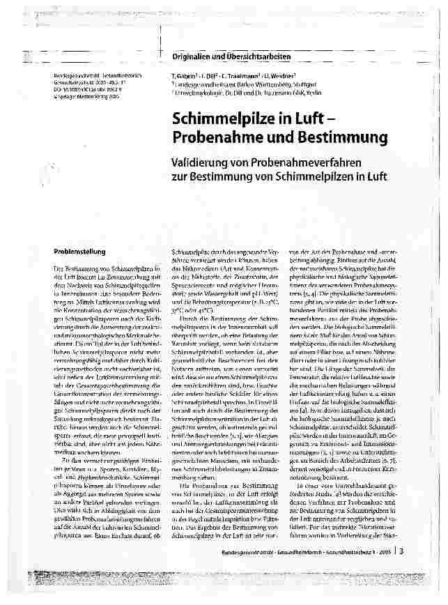 Vorschauseite 1: Schimmelpilze in Luft -Probenahme und BestimmungValidierung von Probenahmeverfahren zur Bestimmung von Schimmelpilzen in Luft