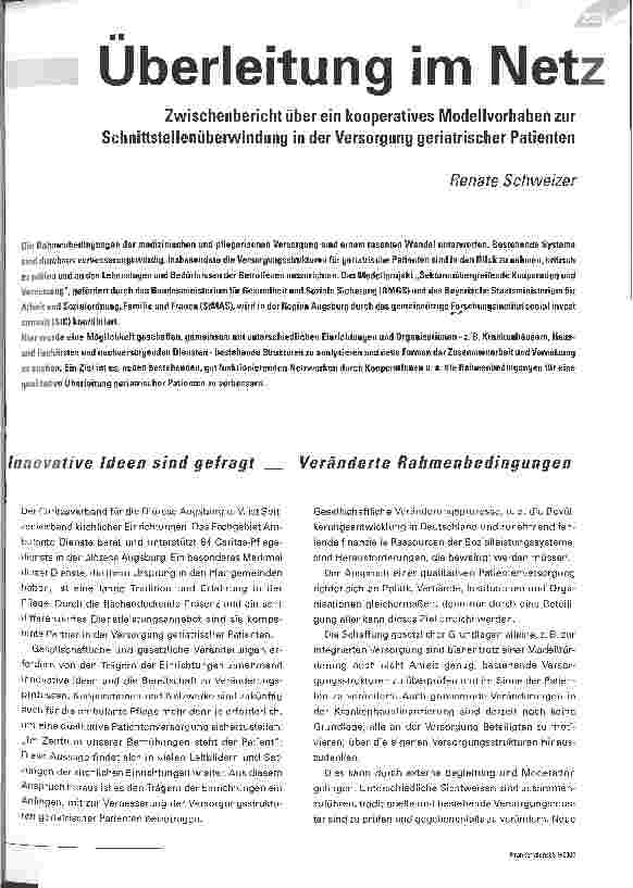 Vorschauseite 1: Überleitung im Netz. Zwischenbericht über ein kooperatives Modellvorhaben zur Schnittstellenüberwindung in der Versorgung geriatrischer Patienten