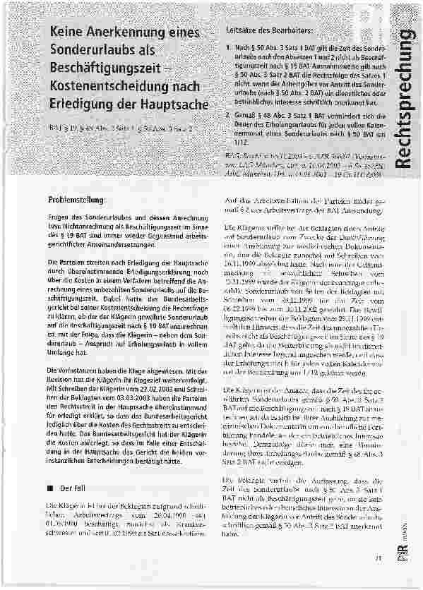 Vorschauseite 1: Keine Anerkennung eines Sonderurlaubs als Beschäftigungszeit -Kostenentscheidung nach Erledigung der Hauptsache