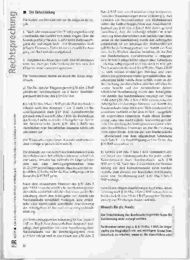 Vorschauseite 2: Keine Anerkennung eines Sonderurlaubs als Beschäftigungszeit -Kostenentscheidung nach Erledigung der Hauptsache