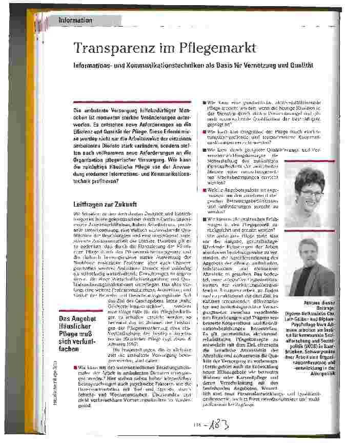 Vorschauseite 1: Tranparenz im Pflegemarkt Informations-u. Kommunikationstechniken als Basis für Vernetzung u. Qualität