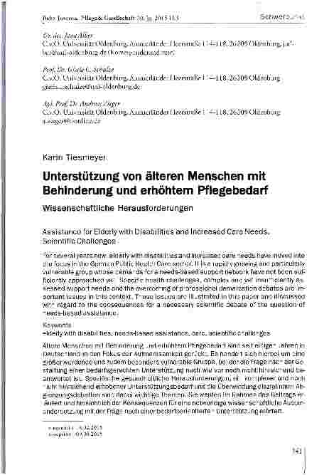 Vorschauseite 1: Unterstützung von älteren Menschen mit Behinderung und erhöhtem Pflegebedarf
