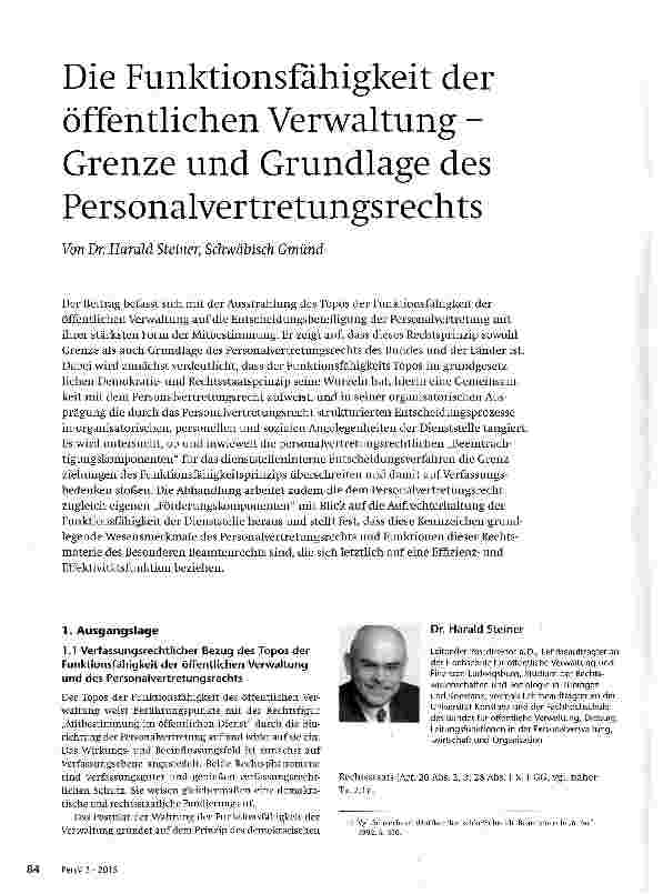Vorschauseite 1: Die Funktionsfähigkeit der öffentlichen Verwaltung -Grenze und Grundlage des Personalvertretungsrechts
