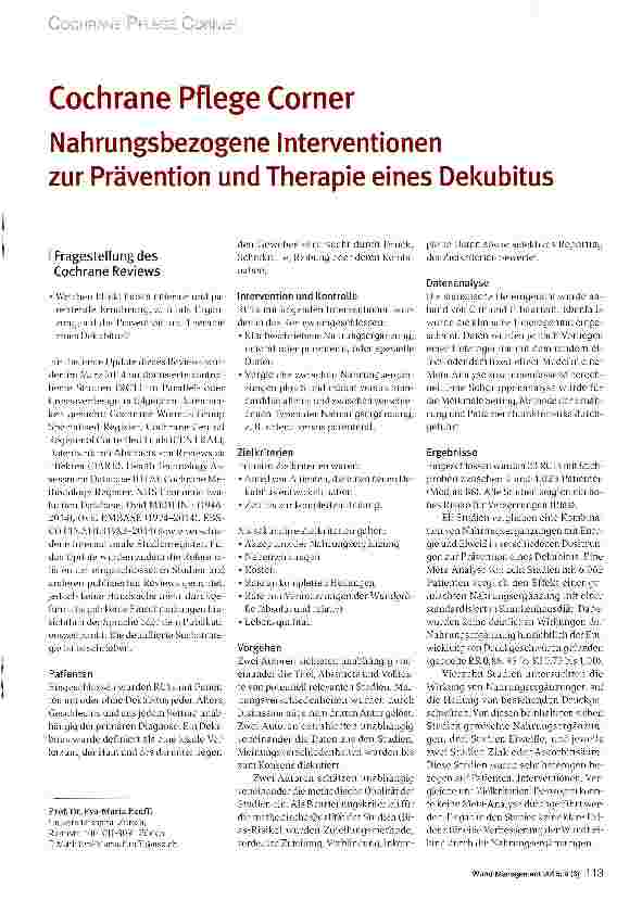 Vorschauseite 1: Cochrane Pflege Corner Nahrungsbezogene Interventionen zur Prävention und Therapie eines Dekubitus