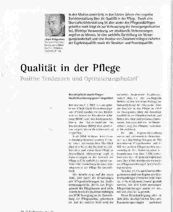 Vorschauseite 1: Qualität in der PflegePositive Tendenzen und Optimierungsbedarf