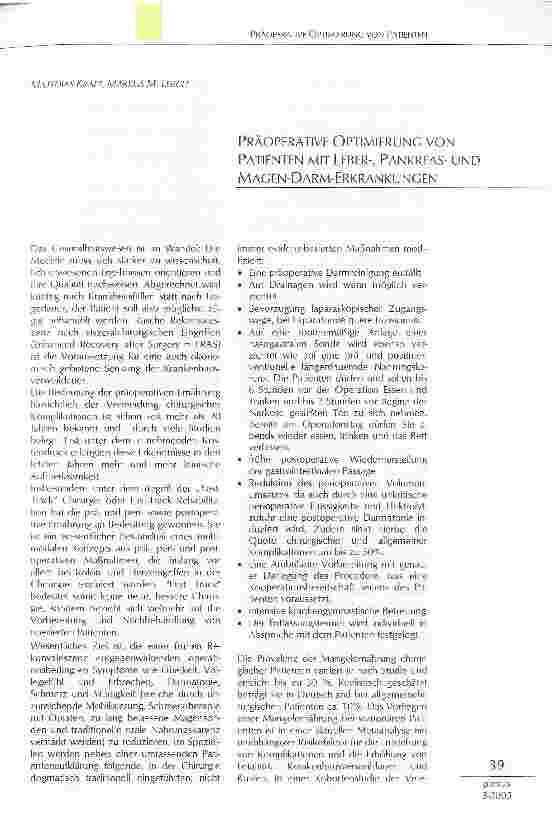 Vorschauseite 1: PRÄOPERATIVE OPTIMIERUNG VON PATIENTEN MIT LEBER-, PANKREAS- UND MAGEN-DARM-ERKRANKUNGEN