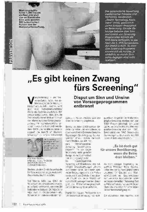Vorschauseite 1: Es gibt keinen Zwang fürs ScreeningDisput um Sinn und Unsinn von Vorsorgeprogrammen entbrannt
