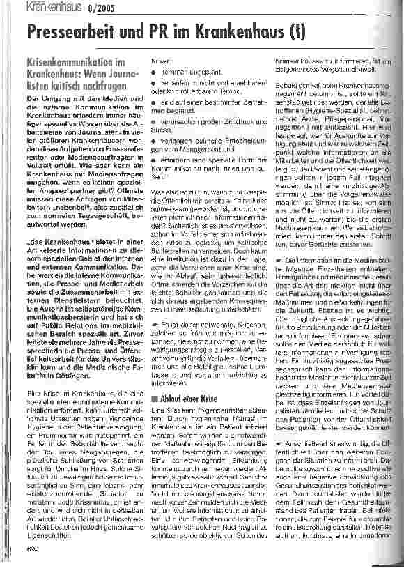 Vorschauseite 1: Pressearbeit und PR im Krankenhaus (I)Krisenkommunikation im Krankenhaus: Wenn Journalisten kritisch nachfragen