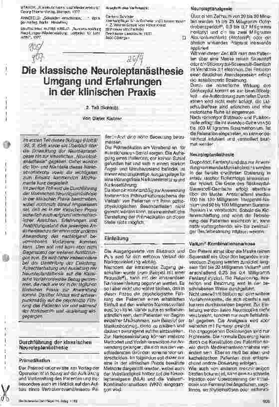 Vorschauseite 1: Die klassische Neuroleptanästhesie Umgang und Erfahrungen in der klinischen Praxis 2. Teil