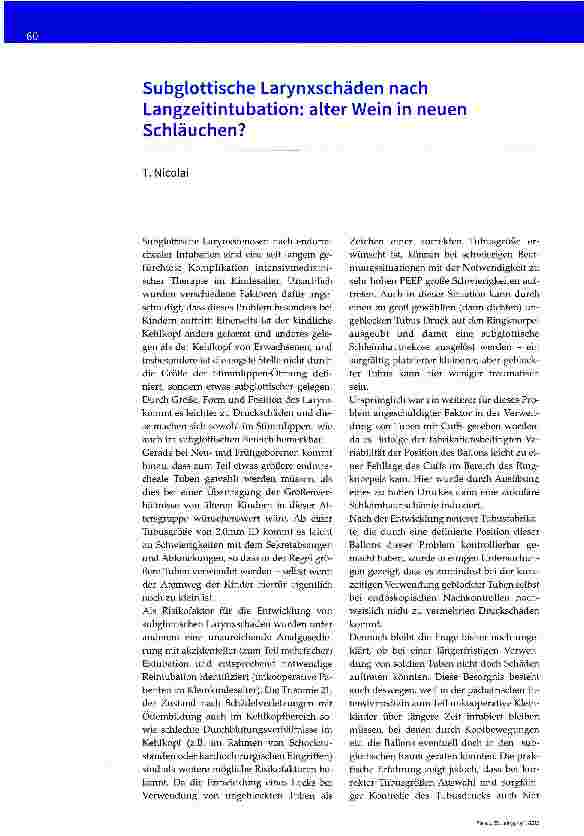 Vorschauseite 1: Subglottische Larynxschäden nach Langzeitintubation: alter Wein in neuen Schläuchen?