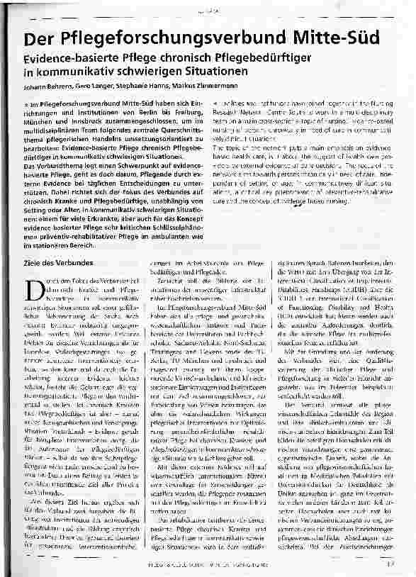 Vorschauseite 1: Der Pflegeforschungsverbund Mitte-SüdEvidence-basierte Pflege chronisch Pflegebedürftiger in kommunikativ schwierigen Situationen