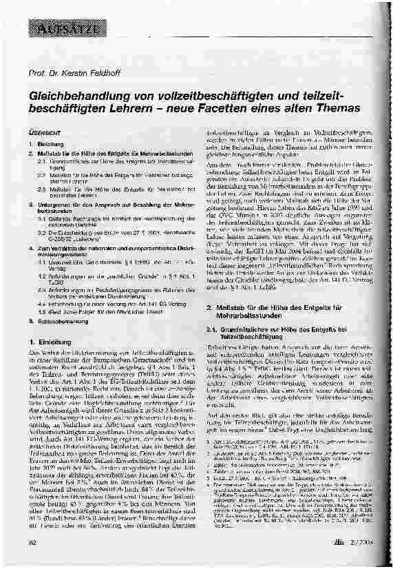 Vorschauseite 1: Gleichbehandlung von vollzeitbeschäftigten und teilzeitbeschäftigten Lehrern - neue Facetten eines alten Themas