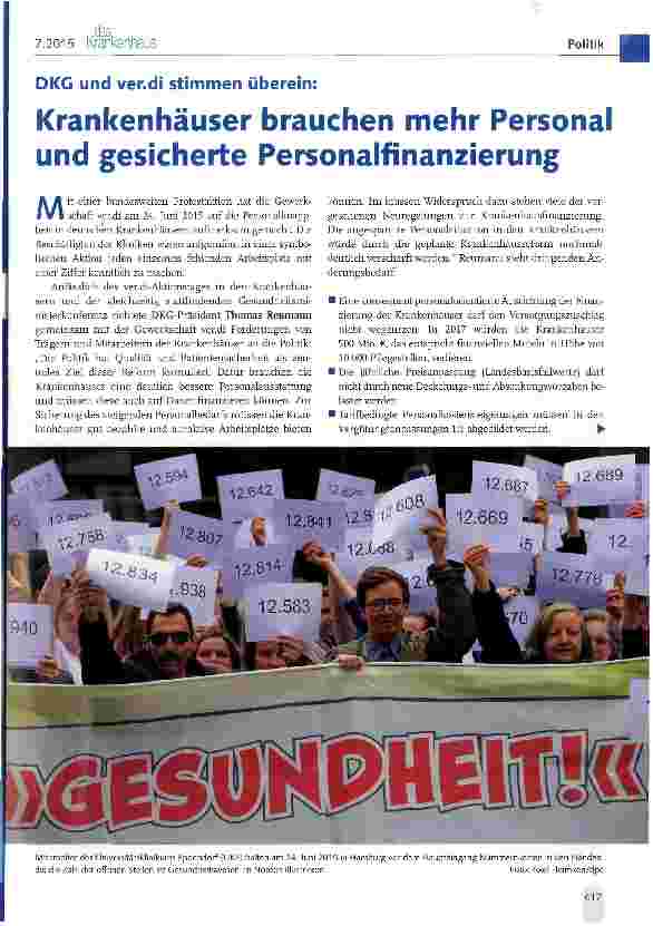 Vorschauseite 1: DKG und ver.di stimmen überein:Krankenhäuser brauchen mehr Personal und gesicherte Personalfinanzierung