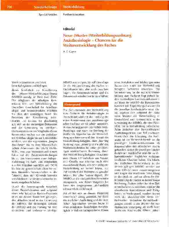 Vorschauseite 1: Neue (Muster-)Weiterbildungsordnung Anästhesiologie - Chancen für die Weiterentwicklung des Faches