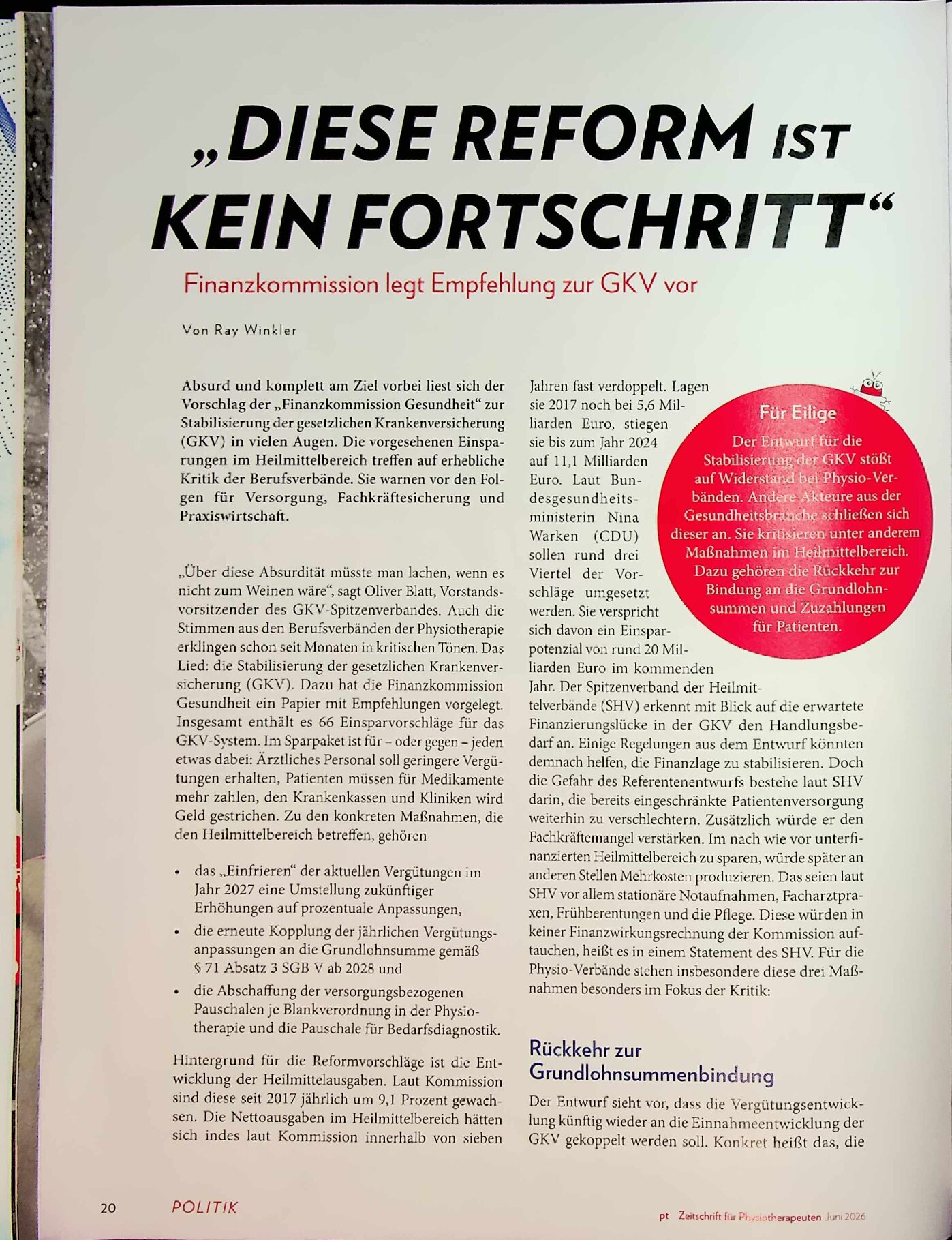 Vorschauseite 1: „Diese Reform ist kein Fortschritt“