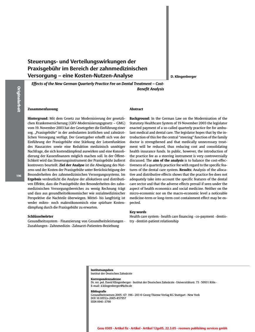 Vorschauseite 1: Steuerungsund Verteilungswirkungen der Praxisgebühr im Bereich der zahnmedizinischen Versorgung - eine Kosten-Nutzen-Analyse