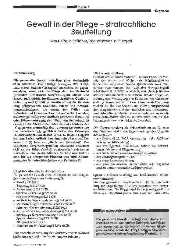 Vorschauseite 1: Gewalt in der Pflege - strafrechtlicheBeurteilung