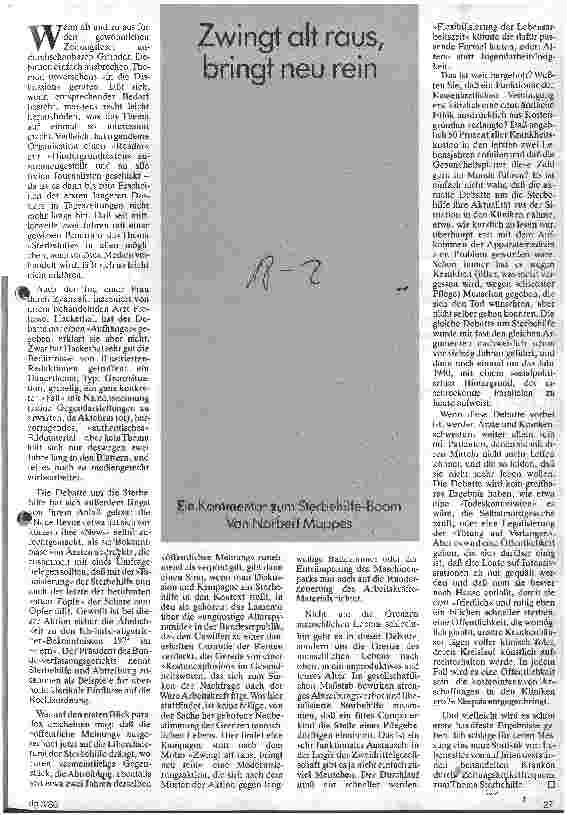 Vorschauseite 1: Zwingt alt raus, bringt neu rein Ein Kommentar zum Sterbehilfe-Boom