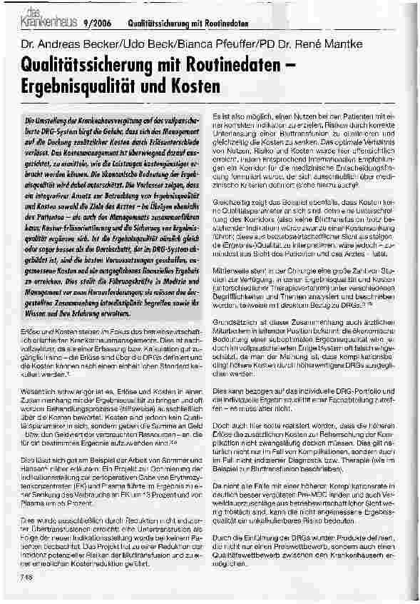 Vorschauseite 1: Qualitätssicherung mit Routinedaten - Ergebnisqualität und Kosten