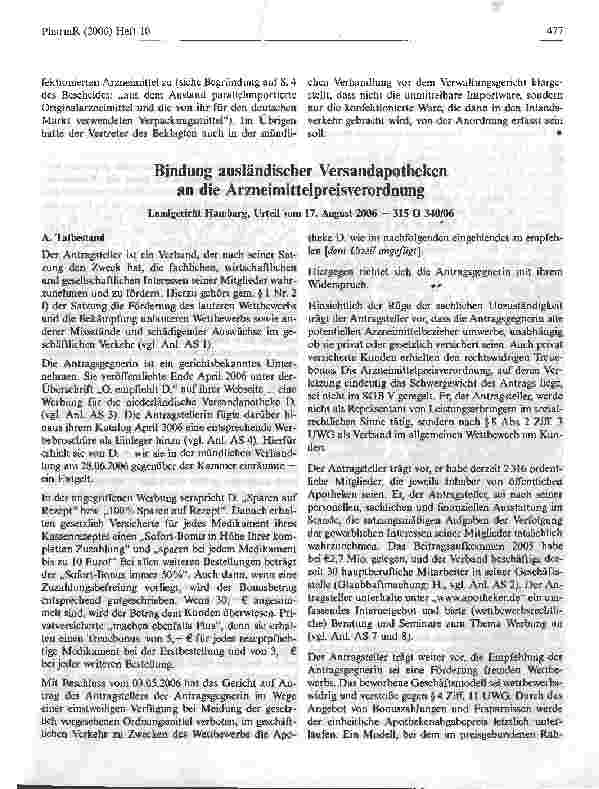 Vorschauseite 1: Bindung ausländischer Versandapotheken an die Arzneimittelpreisverordnung