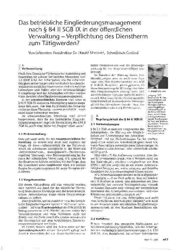 Vorschauseite 1: Das betriebliche Eingliederungsmanagement nach § 84 II SGB IX in der öffentlichen Verwaltung-Verpflichtung des Dienstherrn zum Tätigwerden?