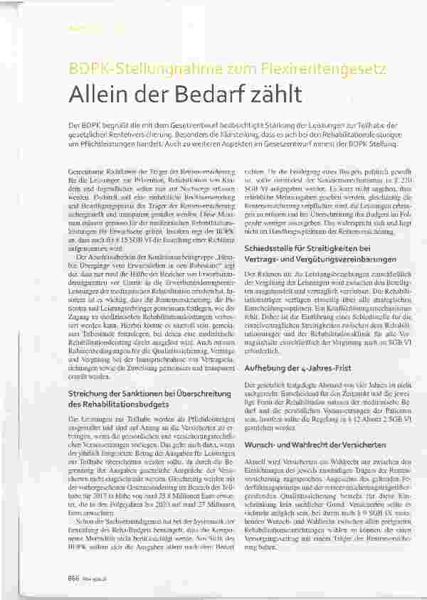 Vorschauseite 1: BDPK-Stellungnahme zum Flexirentengesetz Allein der Bedarf zählt