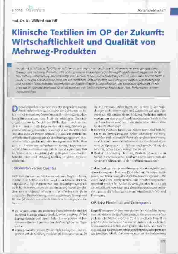 Vorschauseite 1: Klinische Textilien im OP der Zukunft: Wirtschaftlichkeit und Qualität von Mehrweg-Produkten