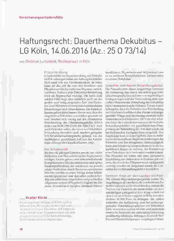 Vorschauseite 1: Haftungsrecht; Dauerthema Dekubitus LG Köln, U. 06. 2016 lAz. i 25 0 73/Ul
