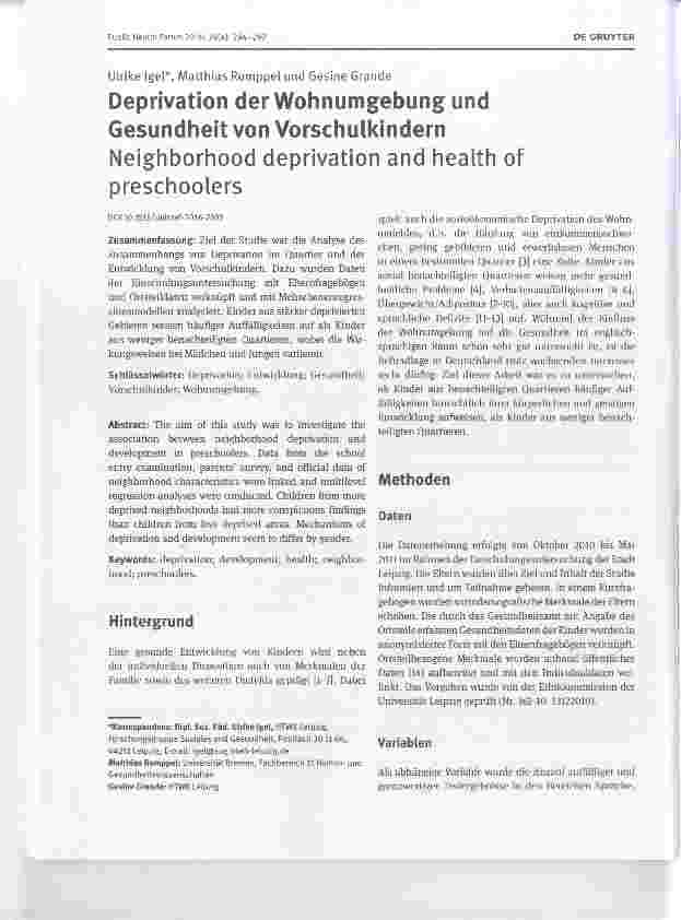 Vorschauseite 1: Deprivation der Wohnumgebung und Gesundheit von Vorschulkindern