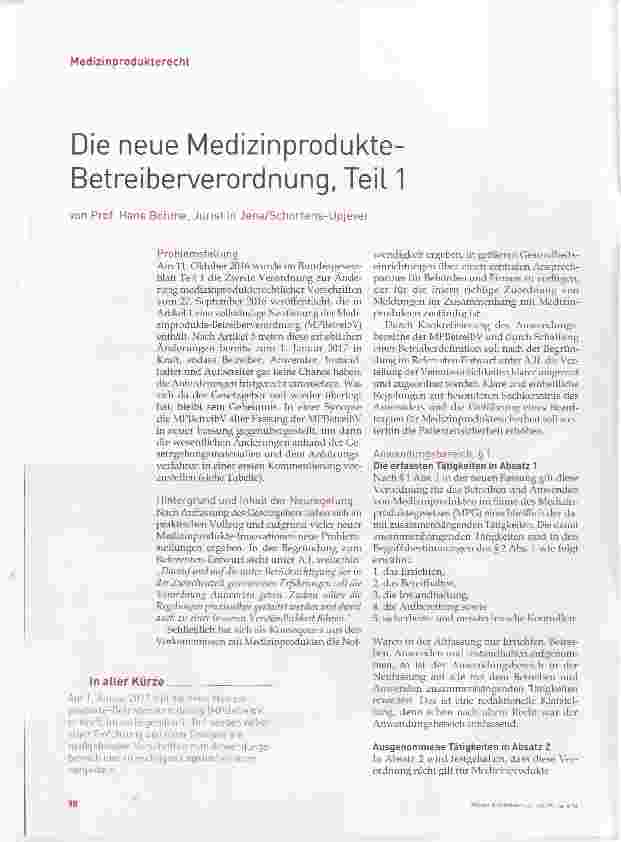 Vorschauseite 1: Die neue Medizinprodukte Betreiberverordnung, Teil 1