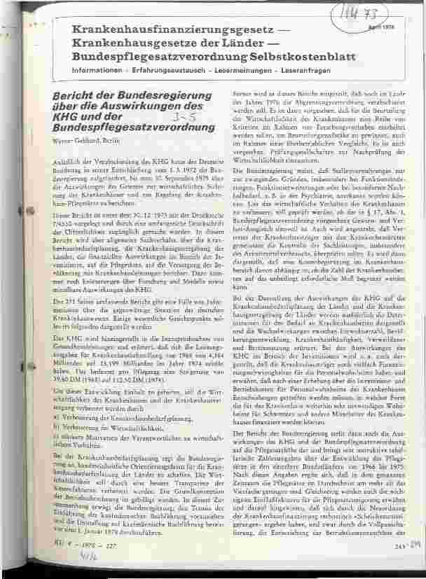 Vorschauseite 1: Bericht der Bundesregierung über die Auswirkungen des KHG und der Bundespflegesatzverordnung