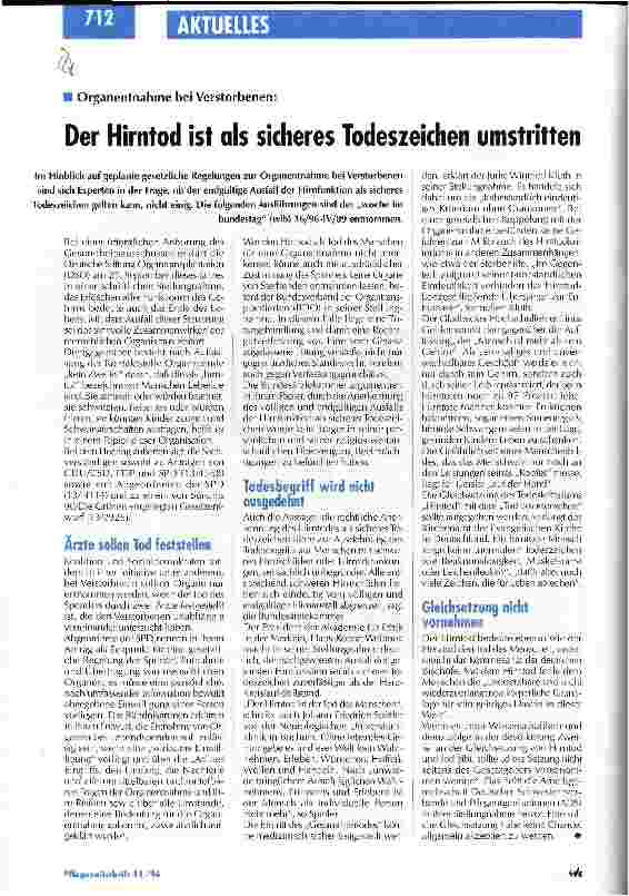 Vorschauseite 1: Der Hinrntod ist als sicheres Todeszeichen umstritten
