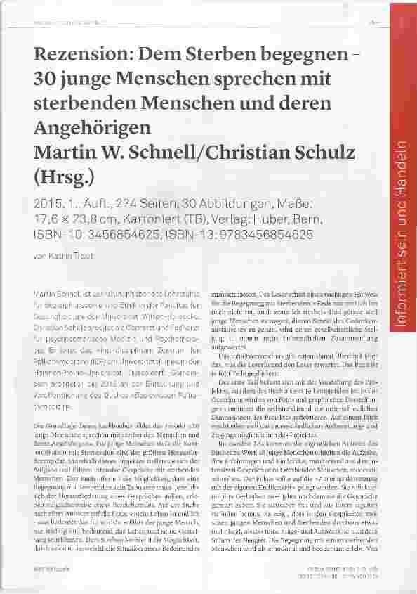 Vorschauseite 1: Rezension: Dem Sterben begegnen 30 junge Menschen sprechen mit sterbenden Menschen und deren Angehörigen Martin W. Schnell/Christian Schulz (Hrsg.)