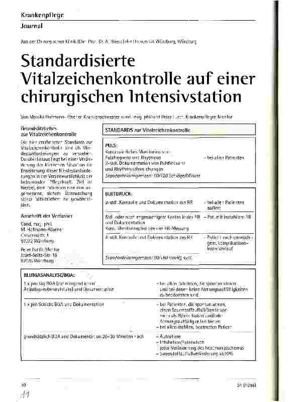 Vorschauseite 1: Standardisierte Vitalzeichenkontrolle auf einer chirurgischen Intensivstation