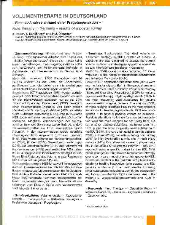 Vorschauseite 1: Volumentherapie in DeutschlandEine Ist-Analyse anhand einer Fragebogenaktion