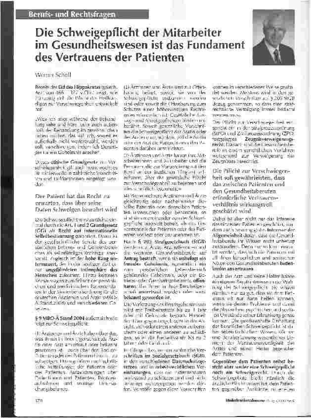 Vorschauseite 1: Die Schweigepflicht der Mitarbeiter im Gesundheitswesen ist das Fundament des Vertrauens der Patienten