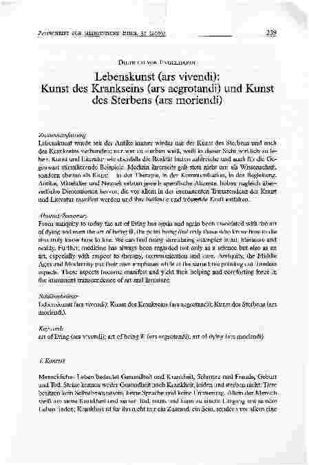 Vorschauseite 1: Lebenskunst (ars vivendi): Kunst des Krankseins (ars aegrotandi) und Kunstdes Sterbens (ars moriendi)