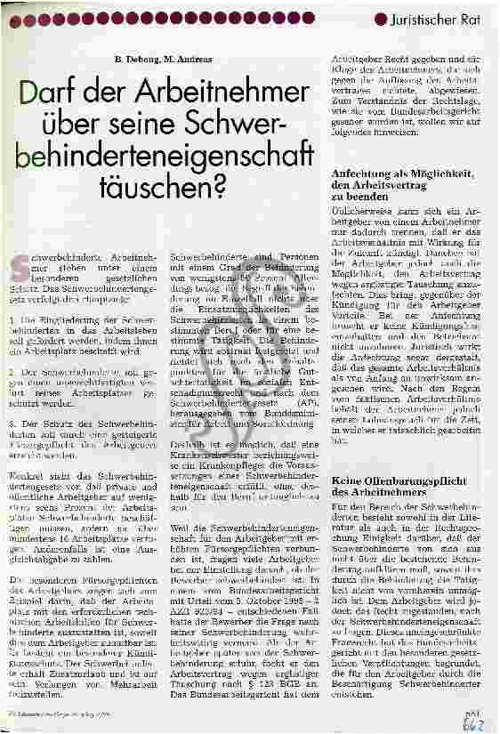 Vorschauseite 1: Darf der Arbeitnehmer über seine Schwerbehinderteneigenschaft täuschen?