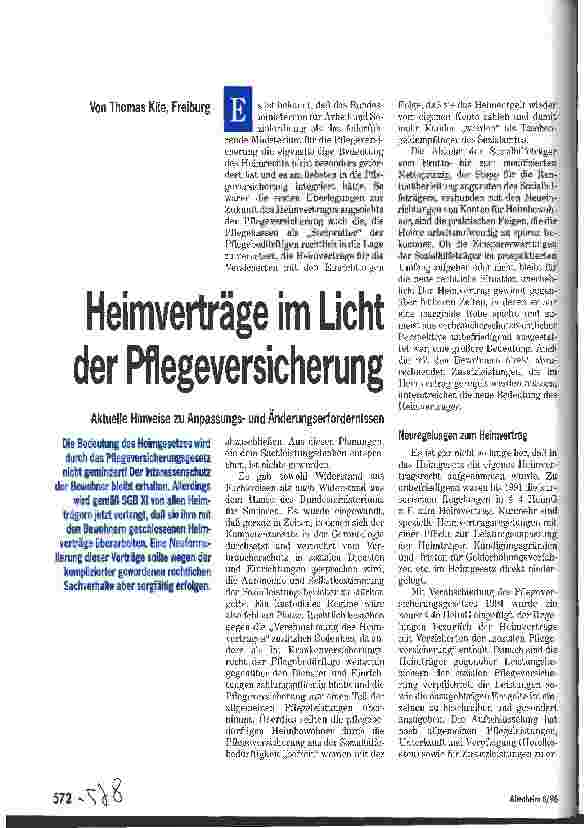 Vorschauseite 1: Heimverträge im Licht der Pflegeversicherung Aktuelle Hinweise zu Anpassungsund Änderungsfordernissen