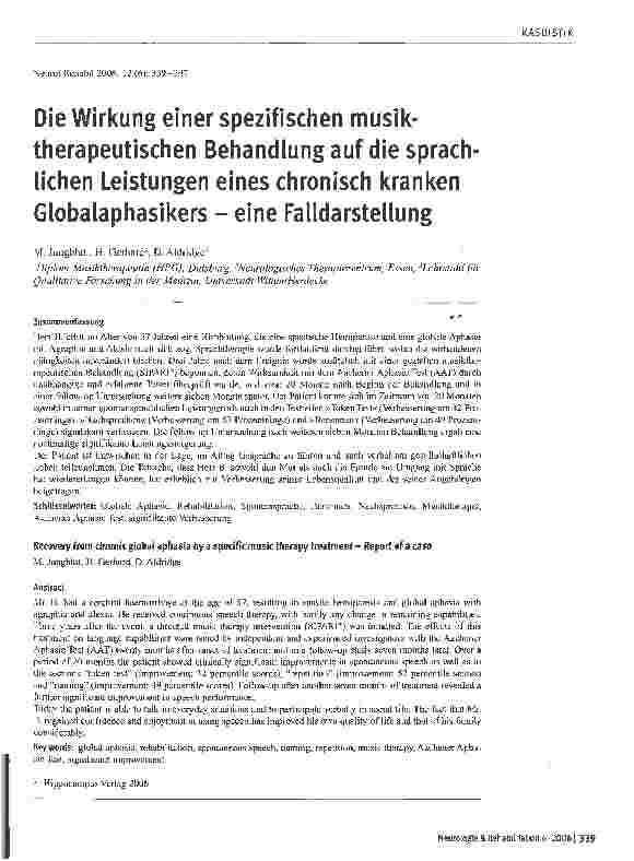 Vorschauseite 1: Die Wirkung einer spezifischen musiktherapeutischen Behandlung auf die sprachlichen Leistungen eines chronisch kranken Globalaphasikers - eine Falldarstellung