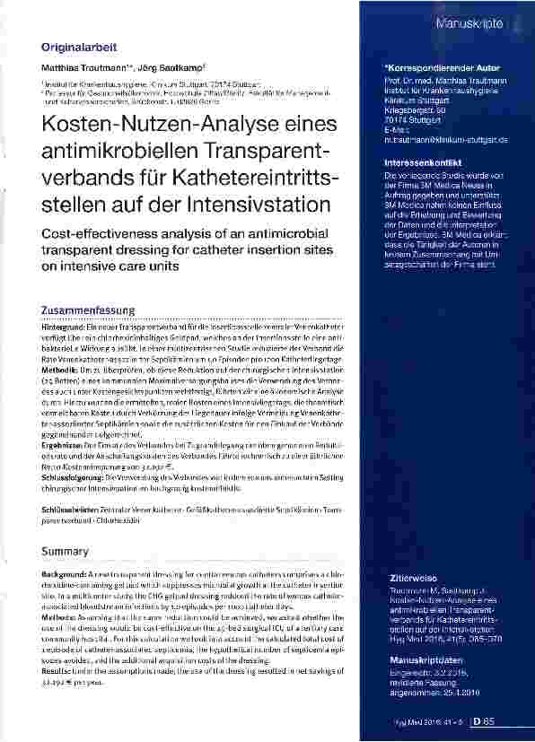 Vorschauseite 1: Kosten-Nutzen-Analyse eines antimikrobiellen Transparent-verbands für Kathetereintritts-stellen auf der Intensivstation